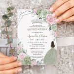 Soft Sage Green Pink Floral Silver Quinceañera Invitation<br><div class="desc">This chic Quinceañera invitation features a silver glitter geometric frame adorned by delicate watercolor sage green, pale pink floral, soft sage greenery and a girl in a lovely sage green dress. Personalise it with your details easily and quickly, simply press the customise it button to further re-arrange and format the...</div>
