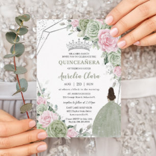 Soft Sage Green Pink Floral Silver Quinceañera Invitation