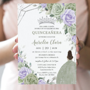 Soft Sage Green Purple Floral Silver Quinceañera Invitation