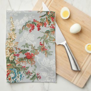 Soft Sage Green Vintage Floral Chinoiserie Garden Tea Towel