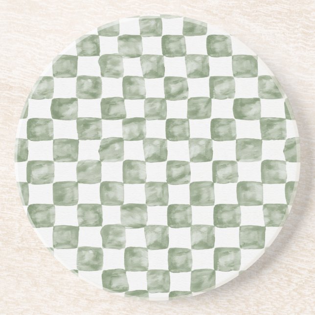 Soft Sage Green Watercolor Chequerboard Coaster (Front)