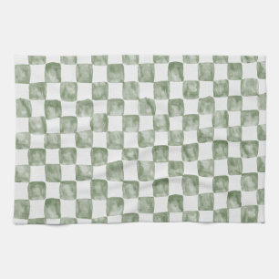 Soft Sage Green Watercolor Chequerboard Tea Towel