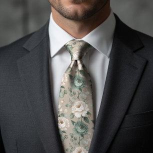 Soft Sage Green & White Floral  Tie