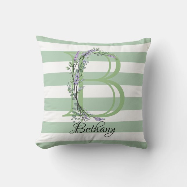 Soft sage green white strips letter B Cushion (Front)