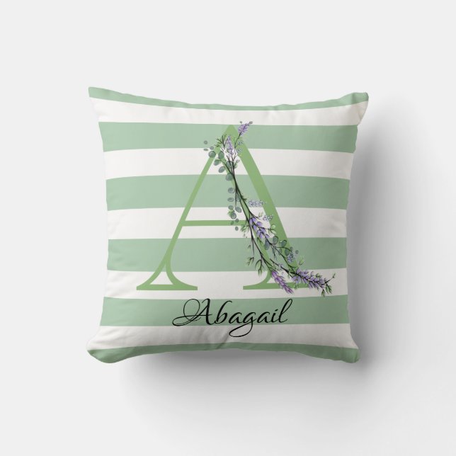 Soft sage green white strips monogram cushion (Front)