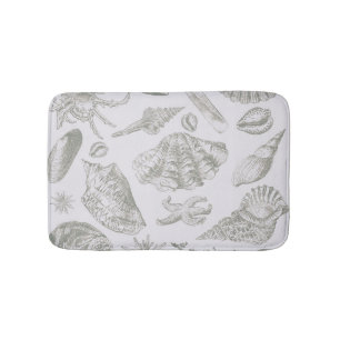 Soft Sage Grey Seashell Sketch Antique Nature Bath Mat