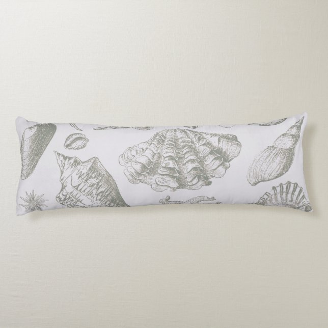 Soft Sage Grey Seashell Sketch Antique Nature Body Cushion (Back)