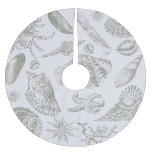 Soft Sage Grey Seashell Sketch Antique Nature Brushed Polyester Tree Skirt