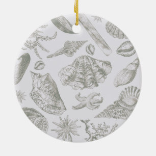 Soft Sage Grey Seashell Sketch Antique Nature Ceramic Tree Decoration
