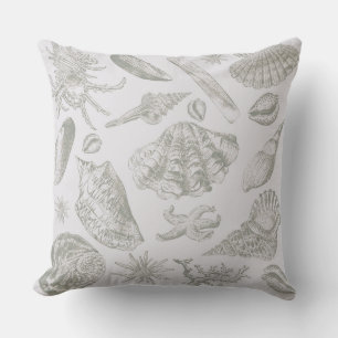 Soft Sage Grey Seashell Sketch Antique Nature Cushion