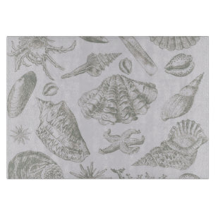 Soft Sage Grey Seashell Sketch Antique Nature Cutting Board