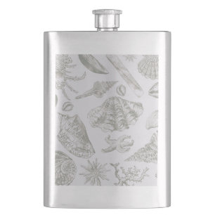 Soft Sage Grey Seashell Sketch Antique Nature Hip Flask