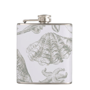 Soft Sage Grey Seashell Sketch Antique Nature Hip Flask