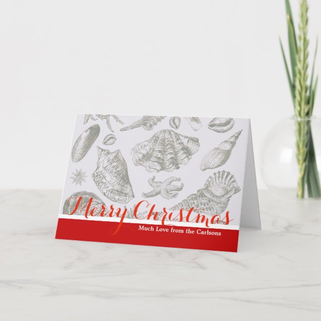 Soft Sage Grey Seashell Sketch Antique Nature Holiday Card (Front)