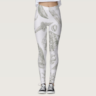 Soft Sage Grey Seashell Sketch Antique Nature Leggings