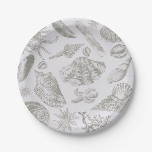 Soft Sage Grey Seashell Sketch Antique Nature Paper Plate