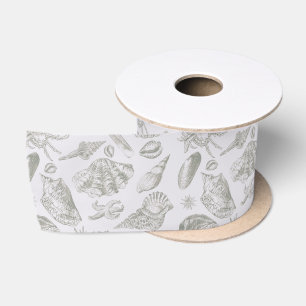 Soft Sage Grey Seashell Sketch Antique Nature Satin Ribbon