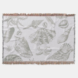 Soft Sage Grey Seashell Sketch Antique Nature Throw Blanket