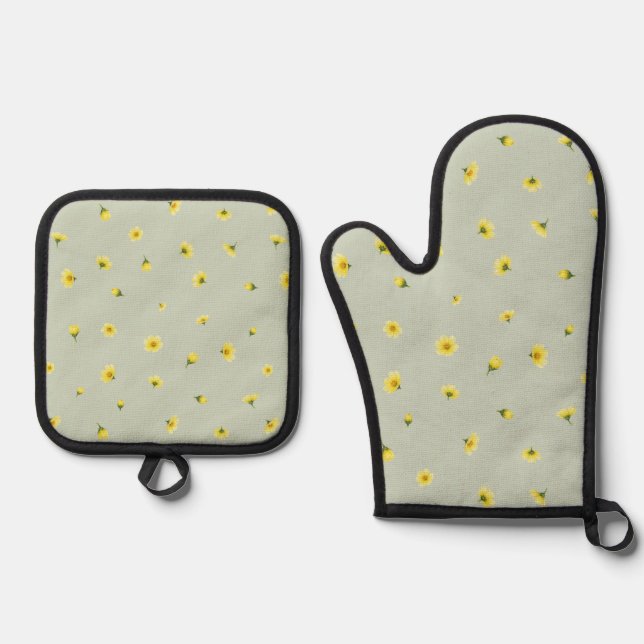 Soft Sage Japanese Winter Cosmos Floral Pattern Oven Mitt & Pot Holder Set (Front)