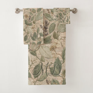 Soft Sage Rustic Leaf Floral Pattern Bath Towel Set