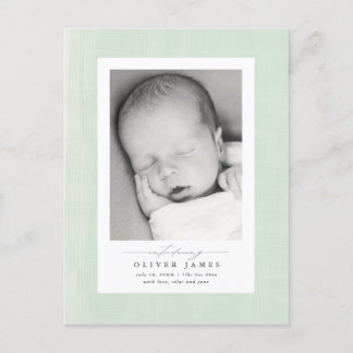 Soft sage textured frame new baby announcement pos postcard