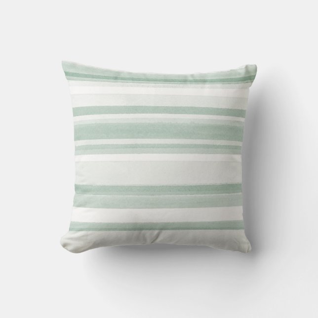 Soft Sage Watercolor Stripes Cushion (Front)