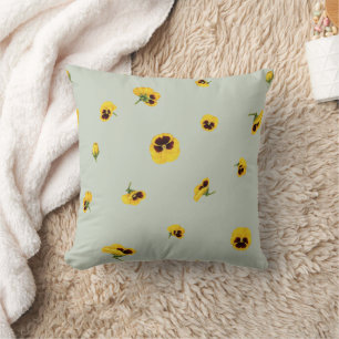 Soft Sage Yellow Japanese Pansy Floral Pattern Cushion