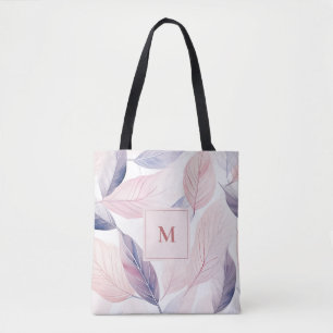 Soft Serenity Watercolor Leaves Custom Monogram Tote Bag