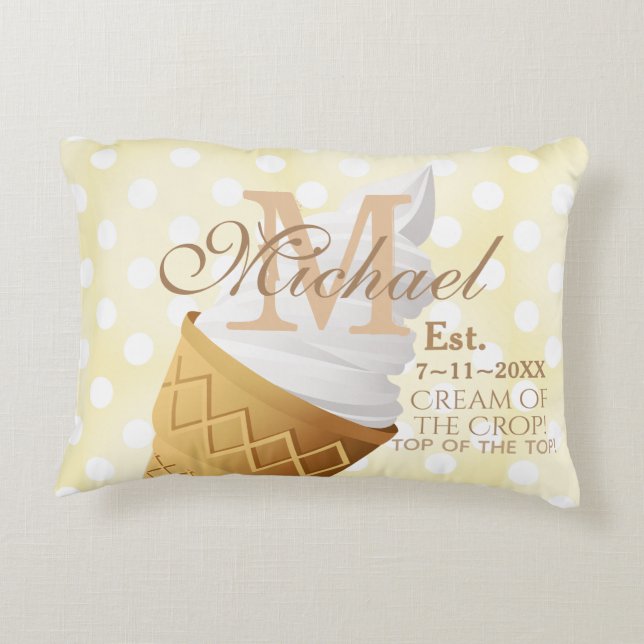 Soft Serve Vanilla Ice Cream Cone Name Monogram Decorative Cushion (Back)