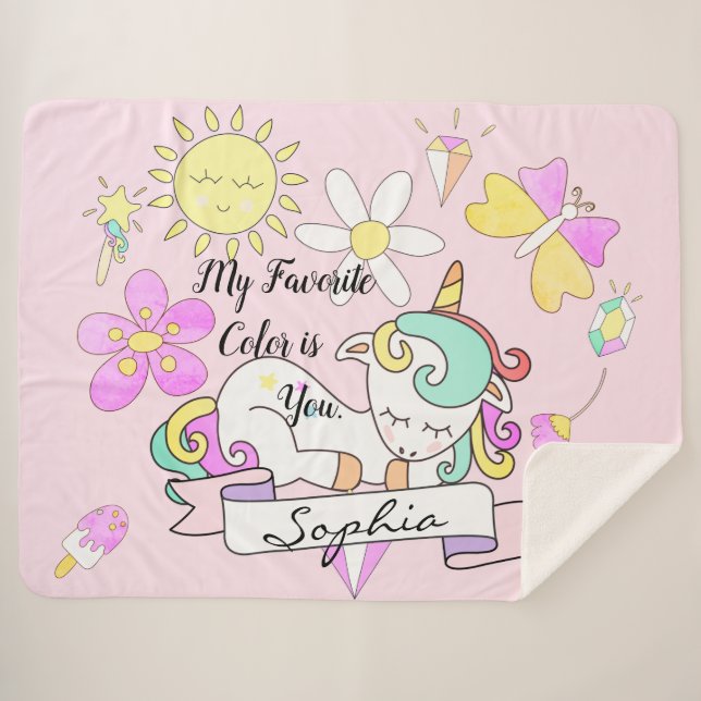 Soft Sherpa Sleepy Unicorn Wreath Name Blanket (Front (Horizontal))