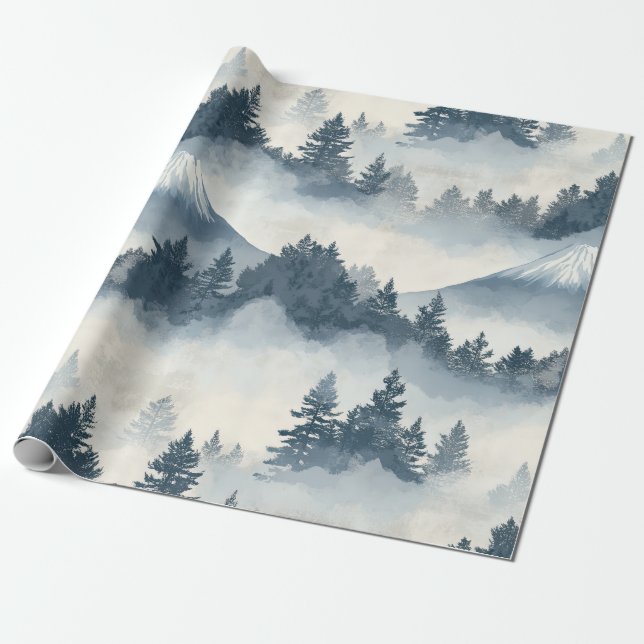 Soft Snowy Mountain Peaks - Blue White Wrapping Paper (Unrolled)