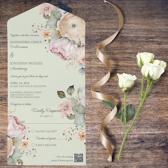 Soft Spring Colours Floral All In One Invitation (Also available without QR code. )