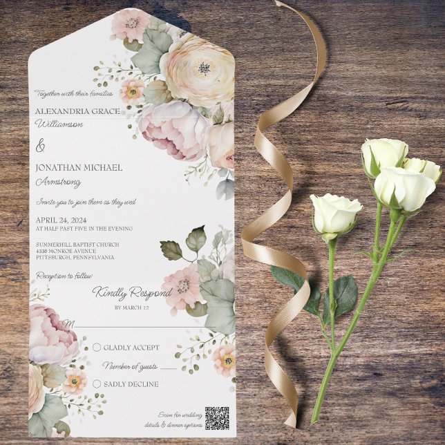 Soft Spring Colours Floral All In One Invitation (Also available without QR code.)