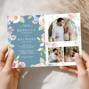 Soft Spring Floral Dusty Blue QR Code Wedding Invitation