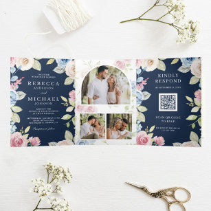 Soft Spring Floral Navy Blue QR Code Wedding Tri-Fold Invitation