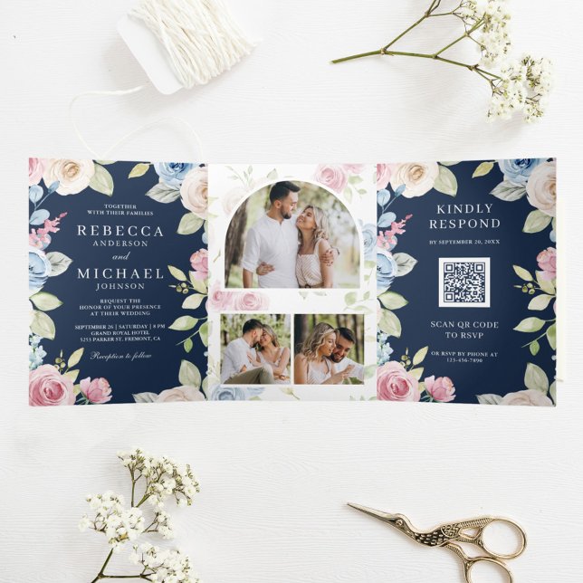 Soft Spring Floral Navy Blue QR Code Wedding Tri-Fold Invitation (Creator Uploaded)