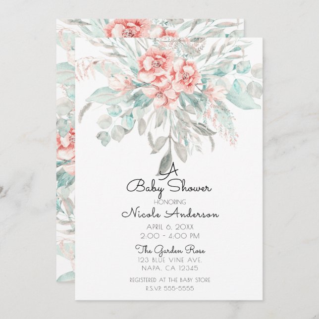 Soft Spring Summer Floral Greenery Baby Shower Invitation (Front/Back)