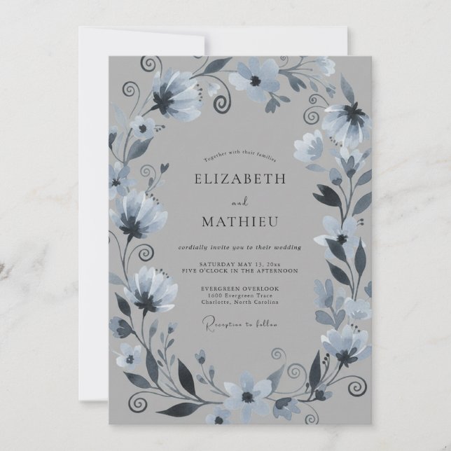 Soft Steel Periwinkle Wreath Wedding Invitation (Front)
