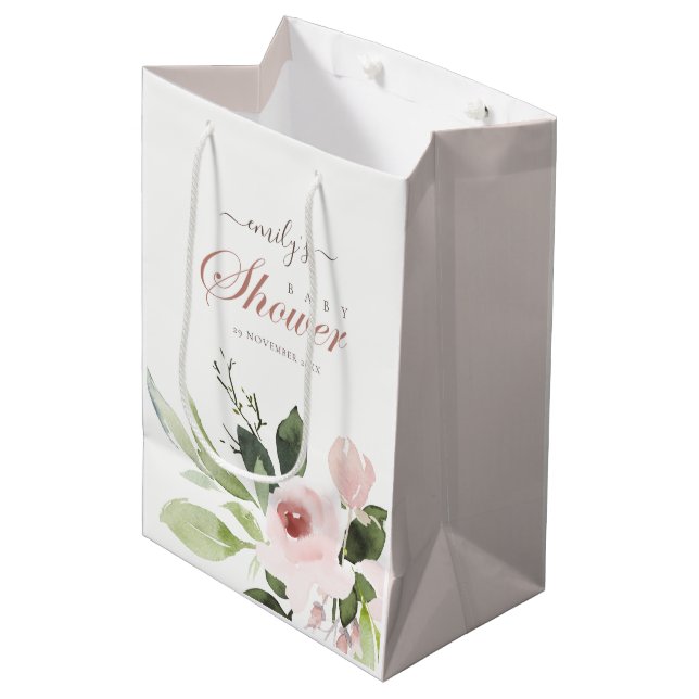 SOFT SUBTLE FLORAL BLUSH PINK ROSE BABY SHOWER MEDIUM GIFT BAG (Front Angled)