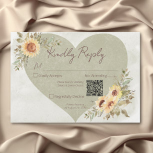Soft Sunflowers Boho Heart Wedding QR Code RSVP Card