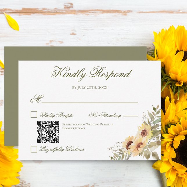 Soft Sunflowers Green Wedding QR Code RSVP Card (Creator Uploaded)