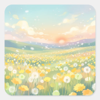 Soft Sunrise Over Golden Dandelion Field Square Sticker