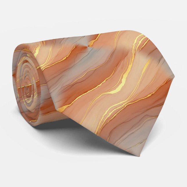 Soft Taupe Burnt Orange Marble Gold Tie (Rolled)