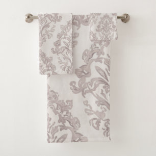 Soft Taupe Damask Watercolor Classic Floral Bath Towel Set
