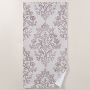 Soft Taupe Damask Watercolor Classic Floral Beach Towel