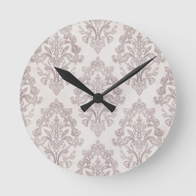 Soft Taupe Damask Watercolor Classic Floral Round Clock (Front)