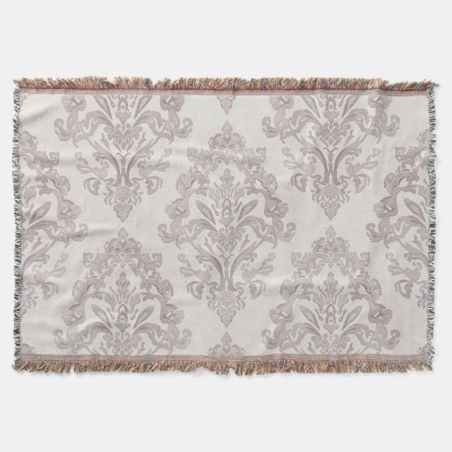 Soft Taupe Damask Watercolor Classic Floral Throw Blanket (Front)