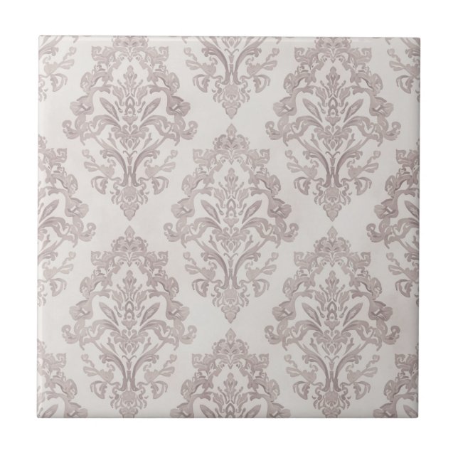 Soft Taupe Damask Watercolor Classic Floral Tile (Front)
