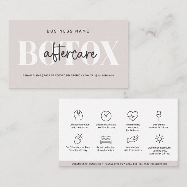 Soft Taupe Modern Botox Aftercare Guide Business Card (Front/Back)