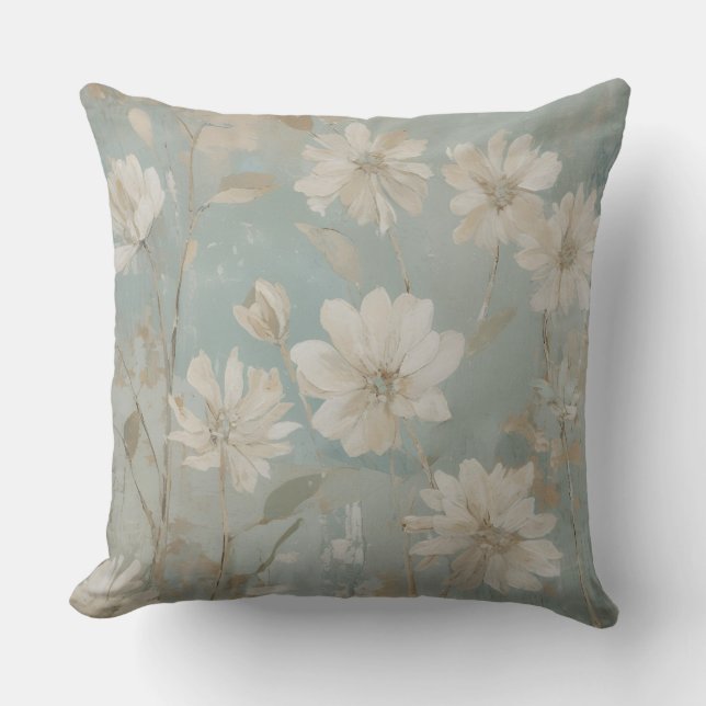 Soft Teal Beige Sage Cream Floral Cushion (Front)